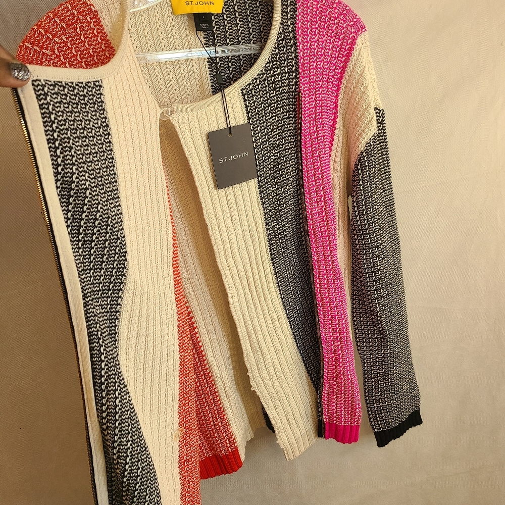 ST JOHN  Women's Striped Zip Up Cardigan in Porcelain Multi Size S